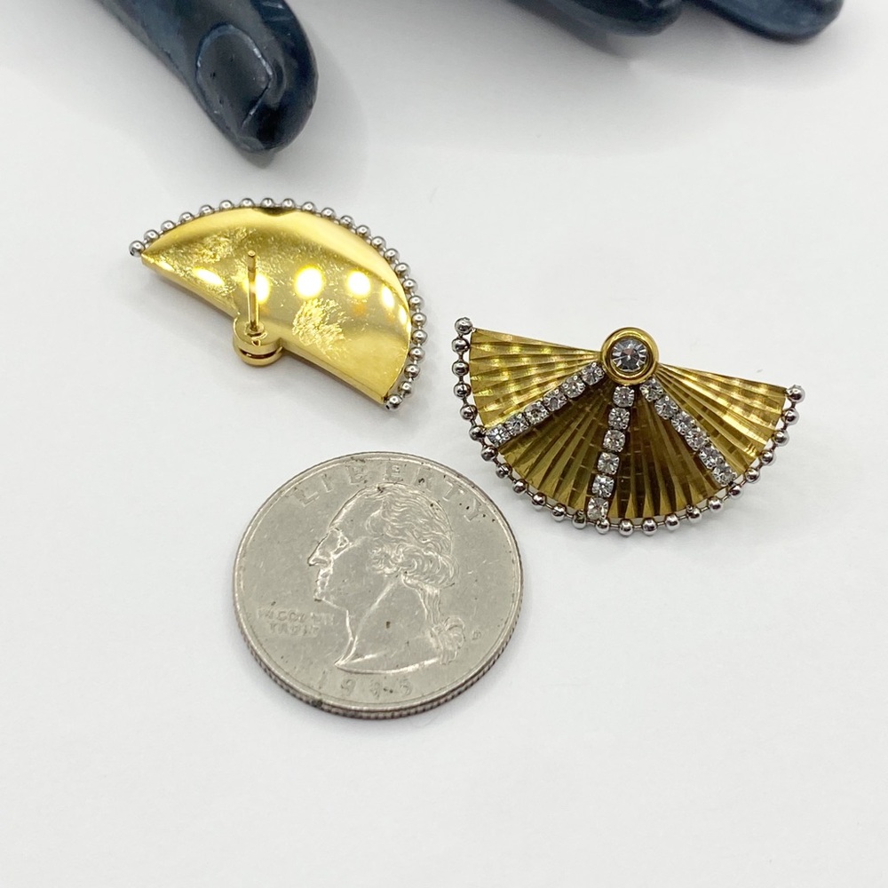 NEW Gold Fan Shaped Rhinestone Statement Earrings - Picture 7 of 8